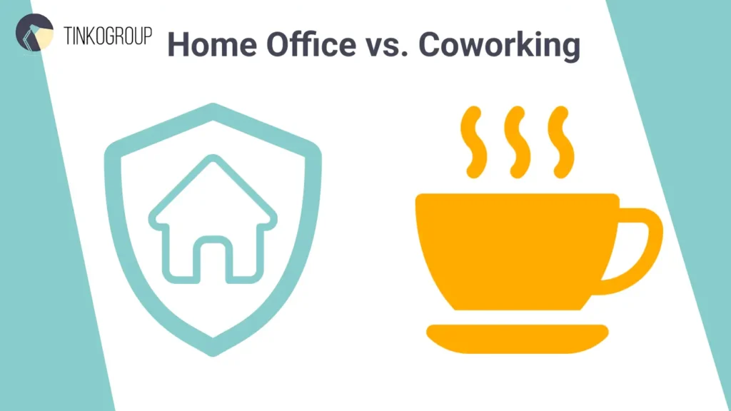 An infographic by Tinkogroup comparing a Home Office versus a Coworking space to optimize Remote Work Productivity. It features a teal house icon inside a shield representing the sanctuary of home, and a yellow coffee cup icon representing the social catalyst of a coworking environment.