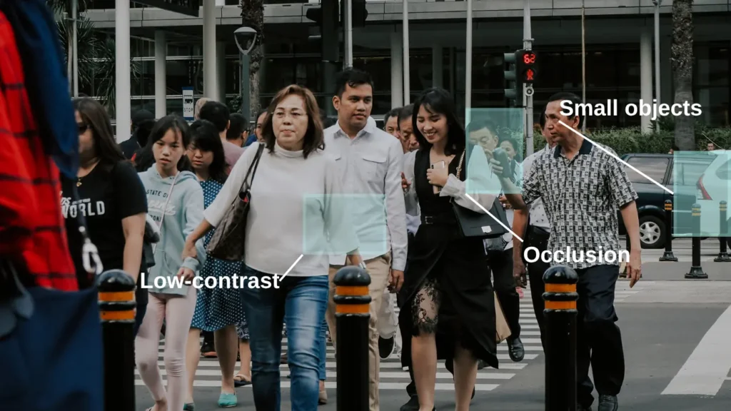 Challenges in semantic segmentation: low contrast, small objects, and occlusion in crowded street scene