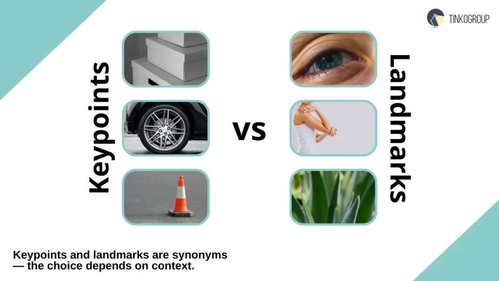 Infographic showing the difference between Keypoint Annotation and Landmarks. Left: keypoints on a box, wheel, and cone. Right: landmarks on an eye, human body, and plant.