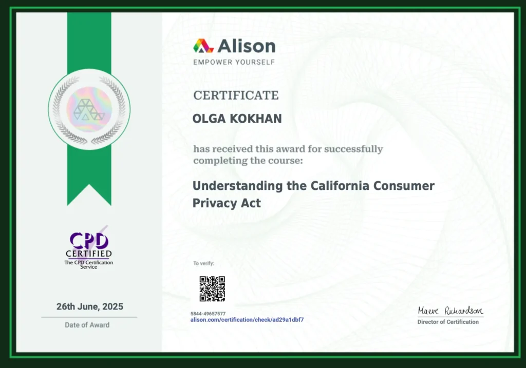 CCPA certification confirming Tinkogroup compliance with California Consumer Privacy Act