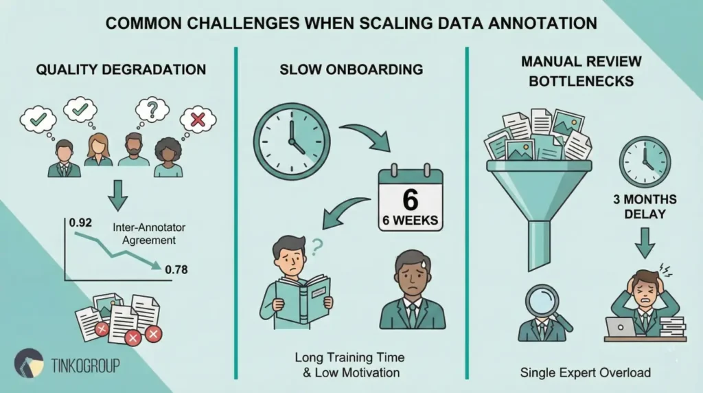 Visual breakdown of critical risks faced by teams attempting to scale data annotation: dropping IAA, long training times, and expert overload.