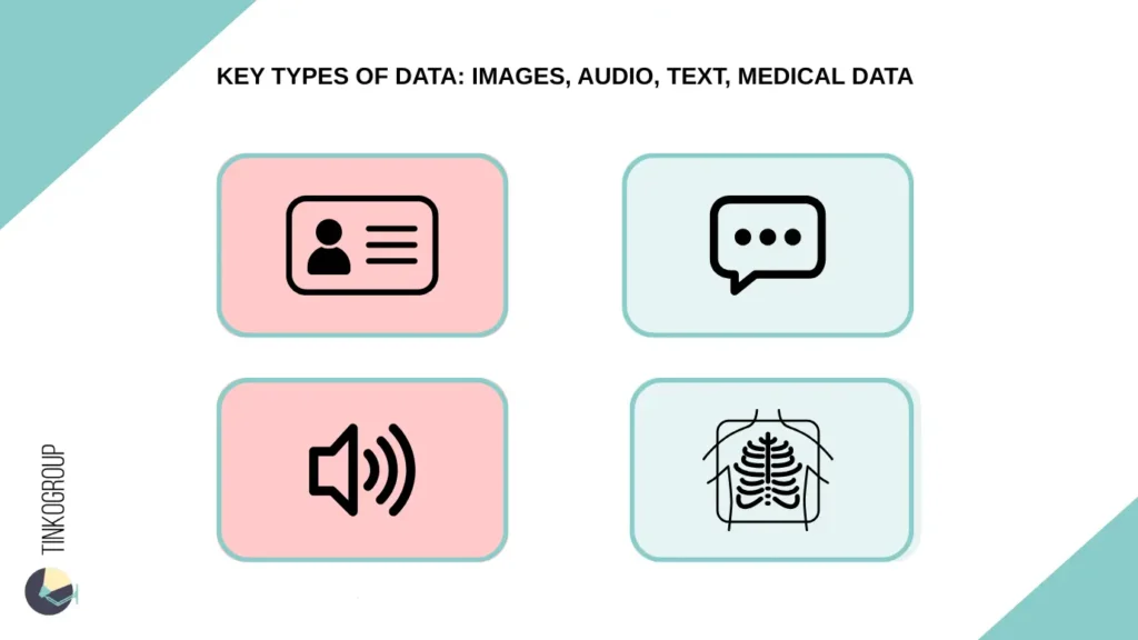 Infographic showing key types of sensitive data for Data Privacy in AI Annotation: Images, Audio, Text, and Medical Data.