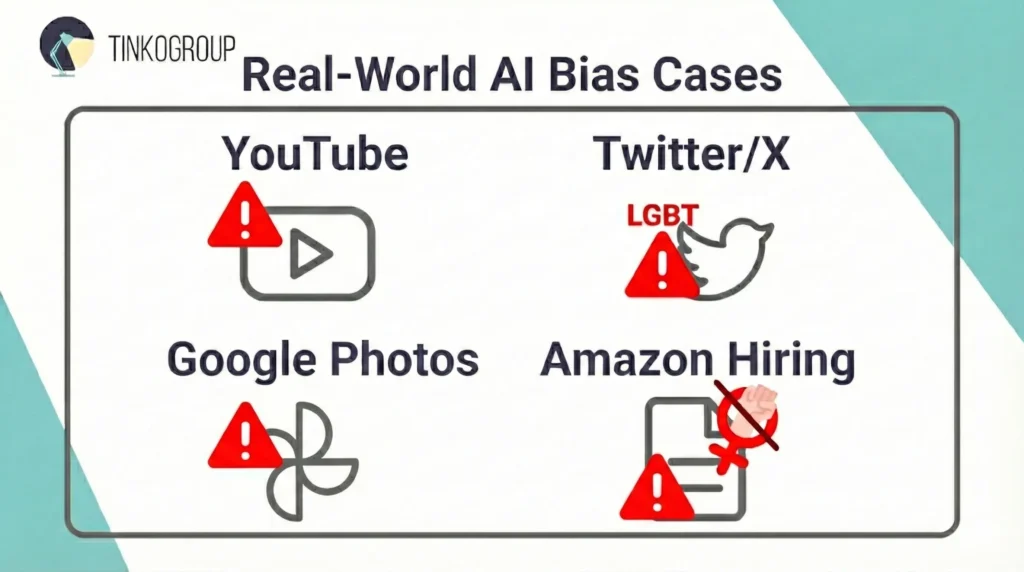 Infographic showing real-world AI bias cases in major tech platforms: YouTube, Twitter/X, Google Photos, and Amazon Hiring.