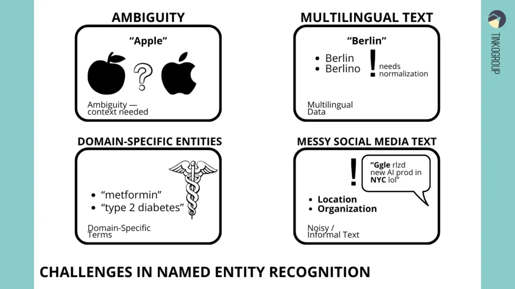 An infographic titled "Challenges in Named Entity Recognition" showing four panels: Ambiguity (Apple fruit vs Apple logo), Multilingual Text (Berlin and Berlino needing normalization), Domain-Specific Entities (medical terms like metformin), and Messy Social Media Text (abbreviations like Ggle and NYC).