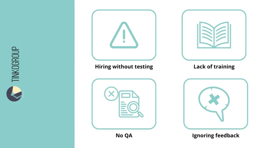Infographic of common mistakes to avoid when you choose a data annotator, including poor testing, lack of training, and ignoring feedback.