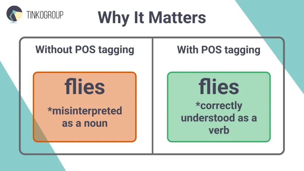 An infographic showing the importance of POS tagging in NLP: distinguishing the word 'flies' as a verb instead of a noun.
