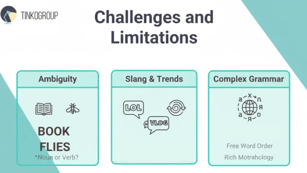Infographic titled "Challenges and Limitations" with three icons: an open book and fly for Ambiguity, speech bubbles with 'LOL' and 'VLOG' for Slang, and a globe icon for Complex Grammar.