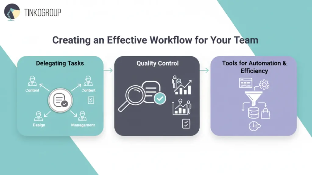 Infographic of Tinkogroup Shopify workflow: delegating tasks to content and design teams, multi-level quality control, and using automation tools like CSV and PIM for efficiency.