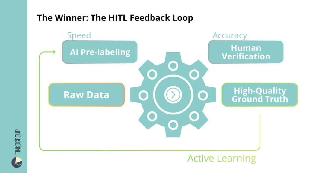 A workflow diagram by Tinkogroup illustrating the HITL Feedback Loop in AI-Assisted Data Labeling. The process shows Raw Data moving through AI Pre-labeling (Speed) and Human Verification (Accuracy) to produce High-Quality Ground Truth, powered by Active Learning.