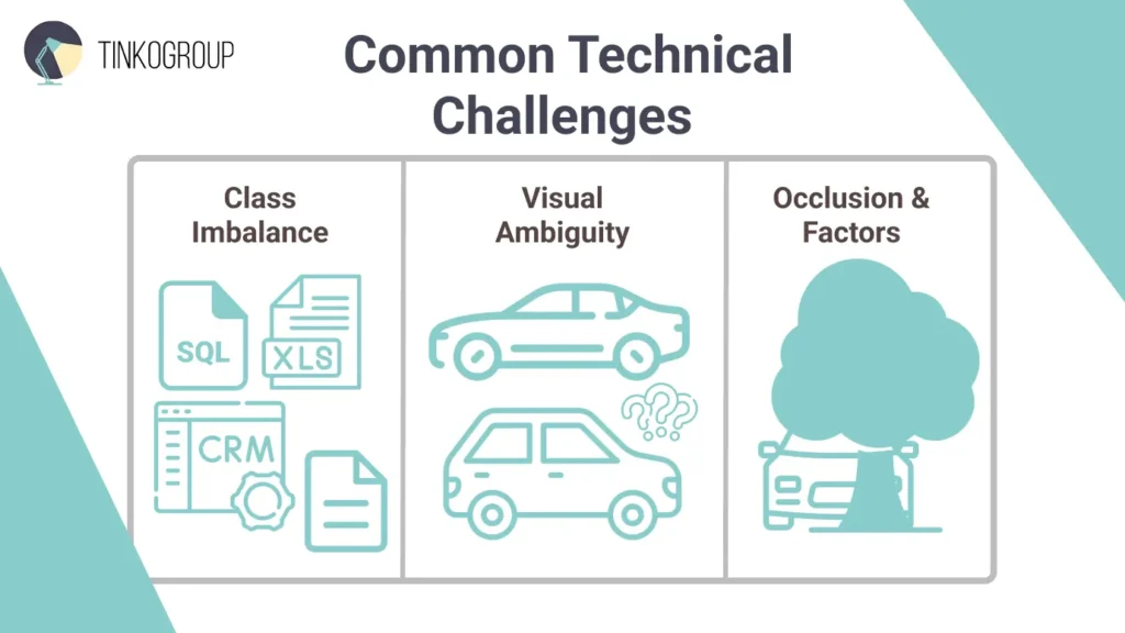 Visualization of common technical challenges in image classification including class imbalance, visual ambiguity, and environmental factors like poor lighting.