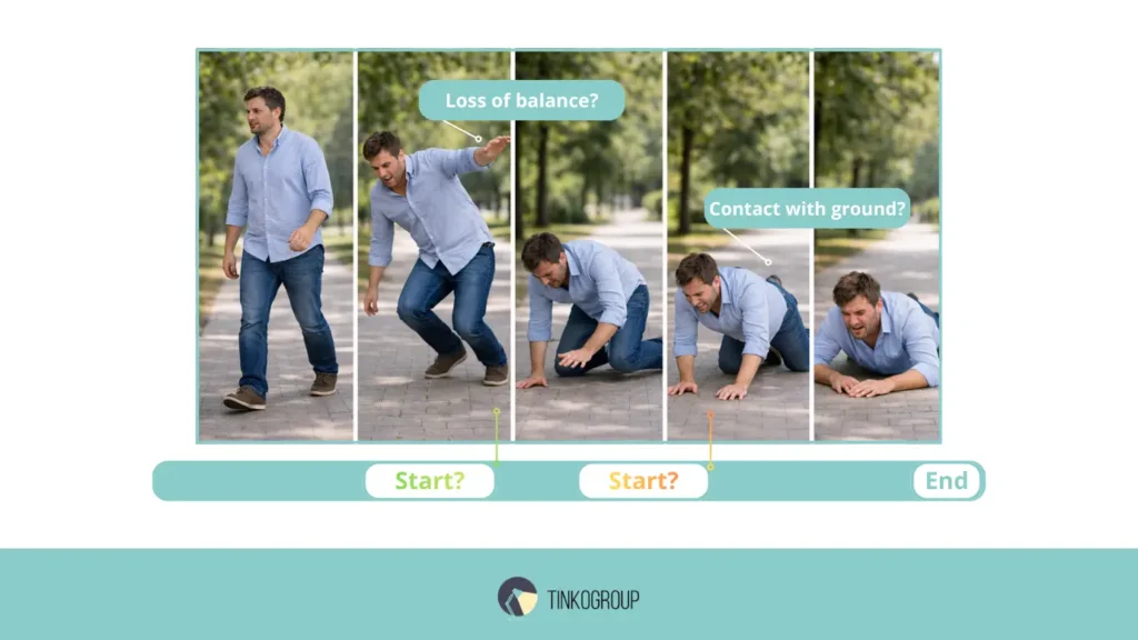 A professional video editing interface used for video event annotation, showing frame-by-frame analysis and temporal boundaries.
