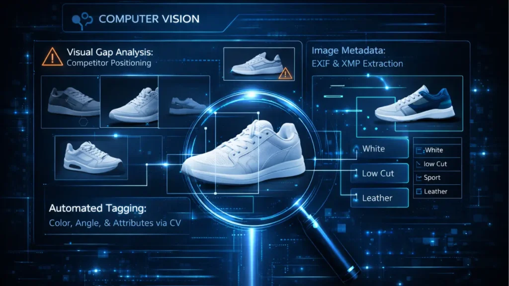 Database Research using computer vision for image analysis, metadata extraction, and automated product tagging