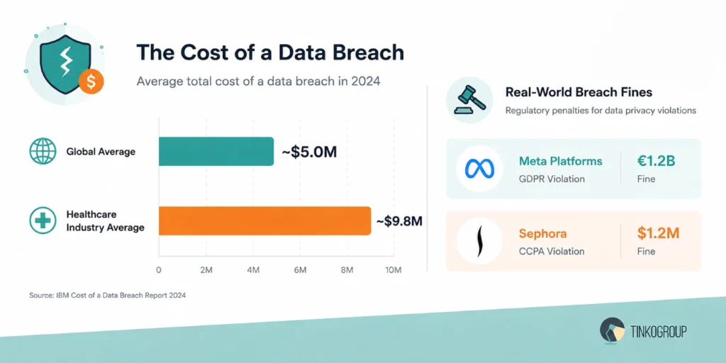 AI data security infographic showing average cost of healthcare and global data breaches with GDPR and CCPA regulatory fines