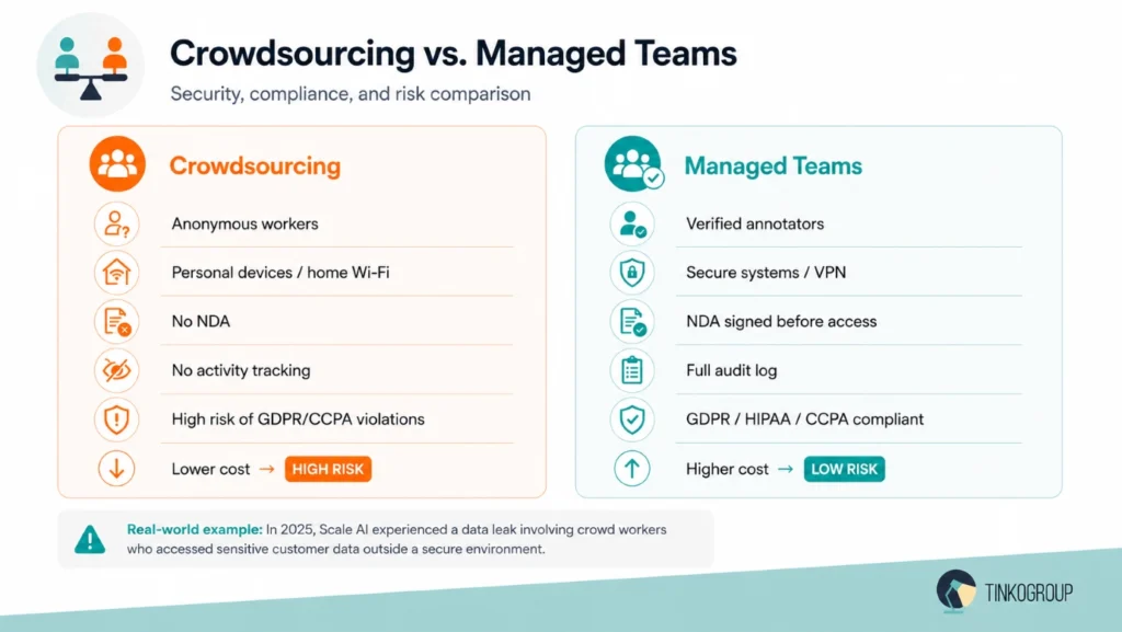 AI data security comparison between crowdsourcing annotation and managed teams with GDPR, HIPAA, and NDA compliance controls