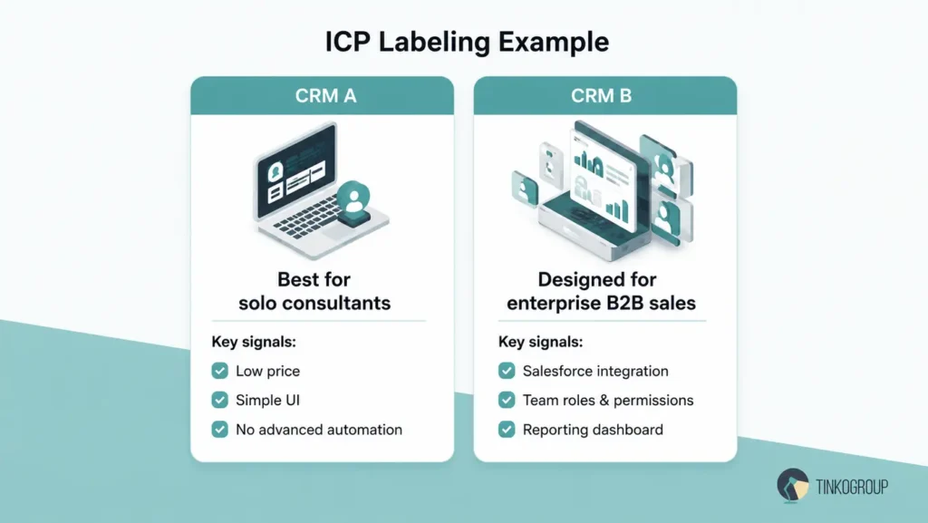 ICP labeling example in SaaS market research — CRM A for solo consultants vs CRM B for enterprise B2B sales
