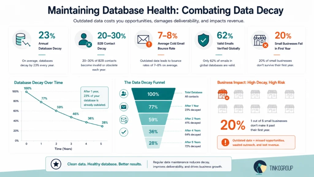 Verified Contact Databases infographic displaying database decay statistics, annual B2B contact decay rates, bounce rates, and the business risks of outdated contact data.