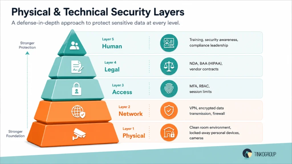AI data security layers infographic showing physical, network, access, legal, and human protection controls for annotation environments