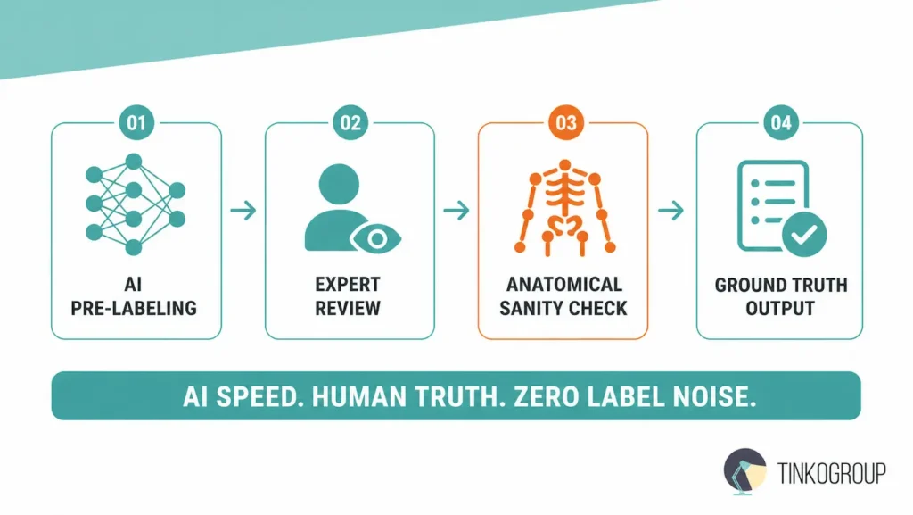 Keypoint tracking annotation pipeline showing AI pre-labeling, expert review, anatomical sanity check, and ground truth output