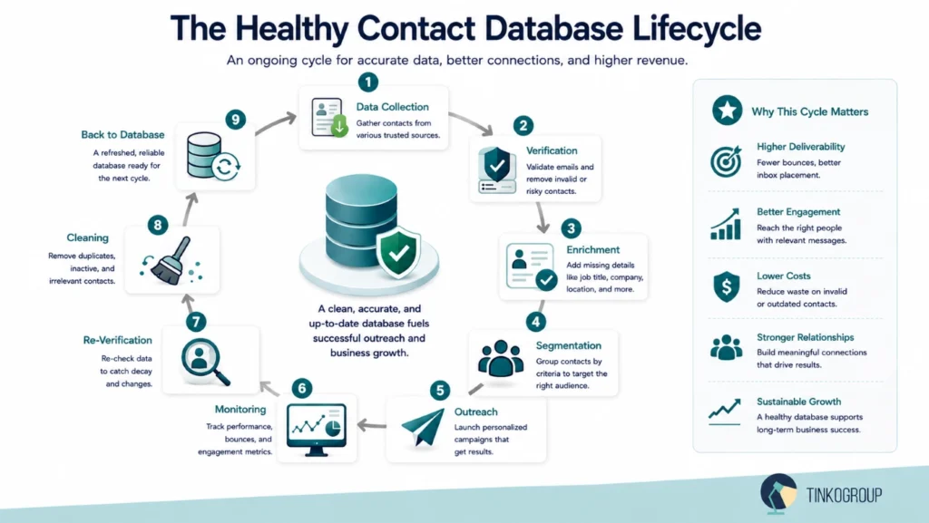 Verified Contact Databases infographic showing the lifecycle of maintaining healthy business contact databases through collection, verification, enrichment, segmentation, outreach, monitoring, and re-verification.