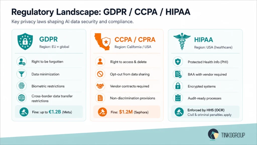 AI data security compliance infographic comparing GDPR, CCPA, and HIPAA regulations for data annotation and privacy protection