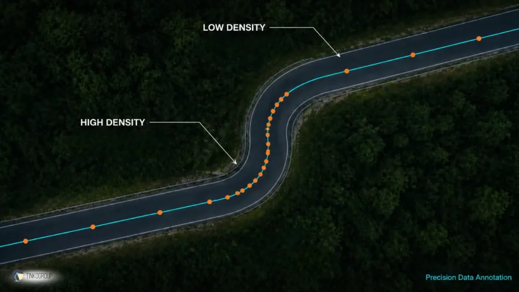 Line annotation inflection point strategy with variable vertex density on curved roads