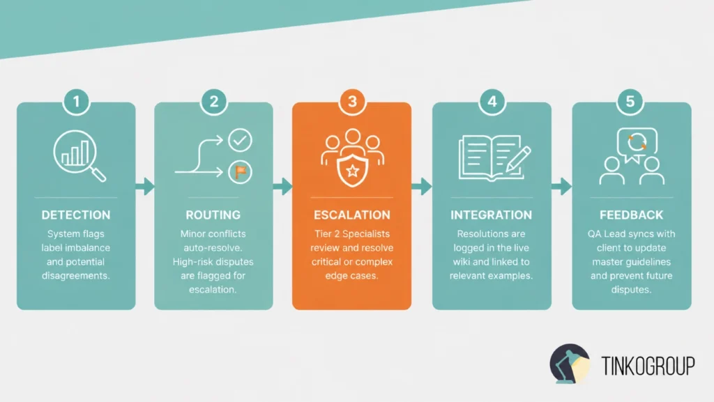 Annotation Adjudication workflow showing conflict detection, routing, escalation, integration, and feedback stages for quality assurance