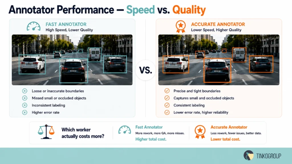 Annotation performance metrics comparison showing speed versus quality tradeoffs between fast and accurate annotators
