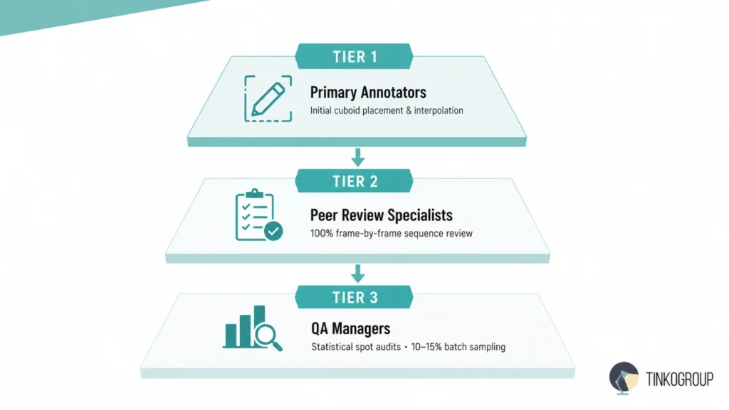 Three-tier quality assurance workflow for Cuboid Tracking Video Annotation, illustrating primary annotators, peer reviewers, and QA managers validating 3D object tracking accuracy in surveillance datasets.