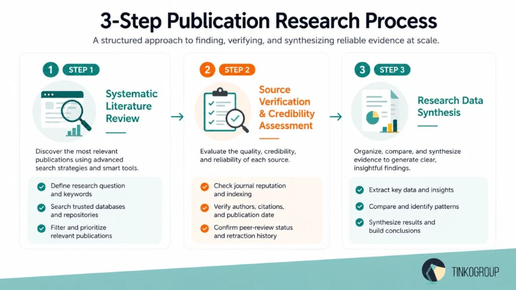 Publication Research workflow infographic showing the three-step methodology of systematic literature review, source verification and credibility assessment, and research data synthesis.