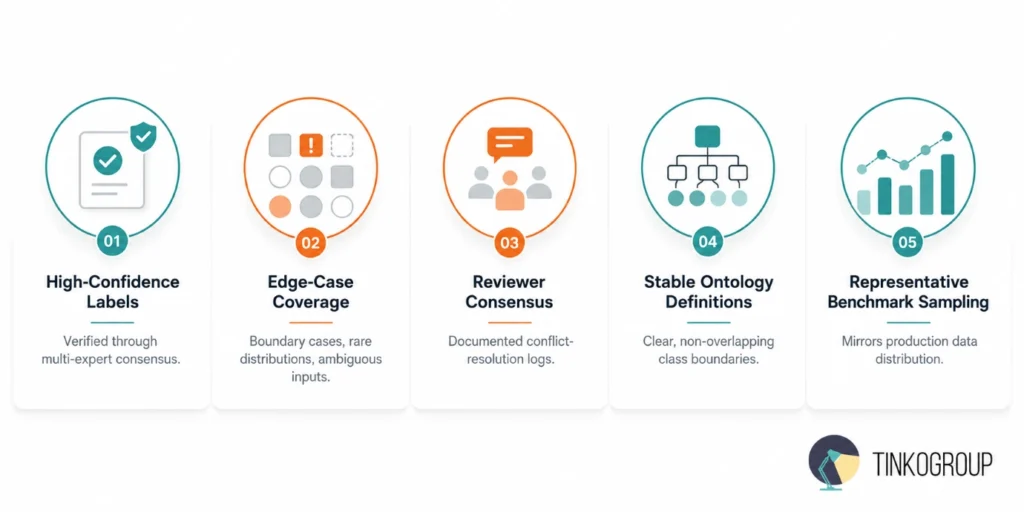 Key characteristics of reliable annotation QA benchmarks including high-confidence labels, edge-case coverage, reviewer consensus, stable ontology definitions, and representative benchmark sampling.