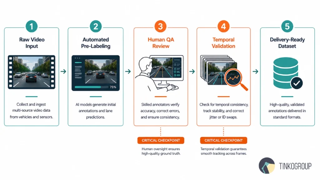 Lane tracking video annotation workflow with automated pre-labeling, human QA, and temporal validation