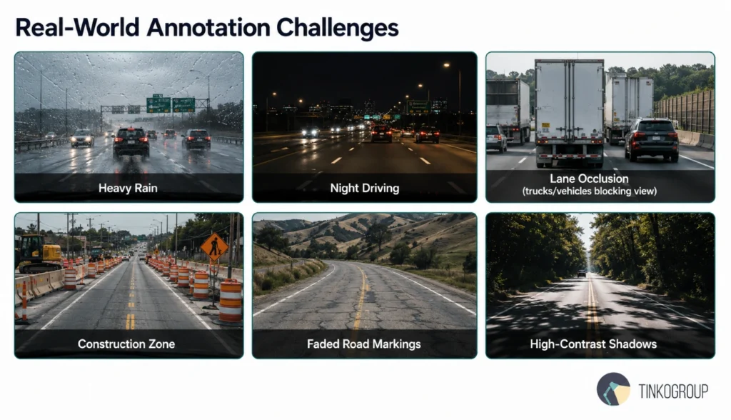Lane tracking video annotation challenges in rain, nighttime, construction zones, and occluded roads