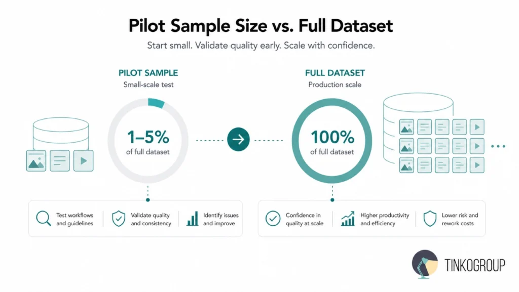 Annotation pilot sample compared with the full dataset, showing a 1–5% pilot sample versus 100% production volume.