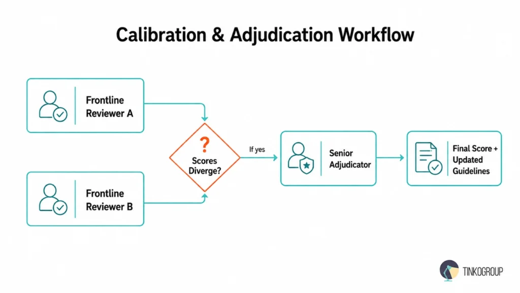 Calibration and adjudication workflow for an LLM evaluation rubric showing reviewer disagreement escalation to a senior adjudicator.