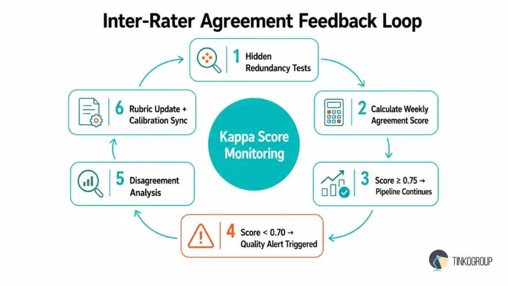 Inter-rater agreement feedback loop for LLM evaluation rubric monitoring using Cohen's Kappa and reviewer calibration processes.