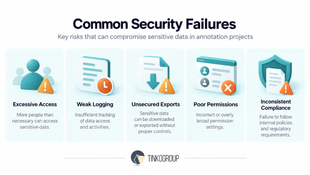 Secure annotation workflows: common security failures including excessive access, weak logging, unsecured exports, poor permissions, and inconsistent compliance