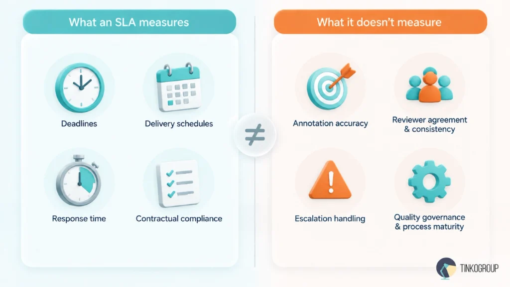 Comparison of SLA commitments and annotation quality evidence, including deadlines, response times, accuracy, reviewer agreement, escalation handling, and quality governance.
