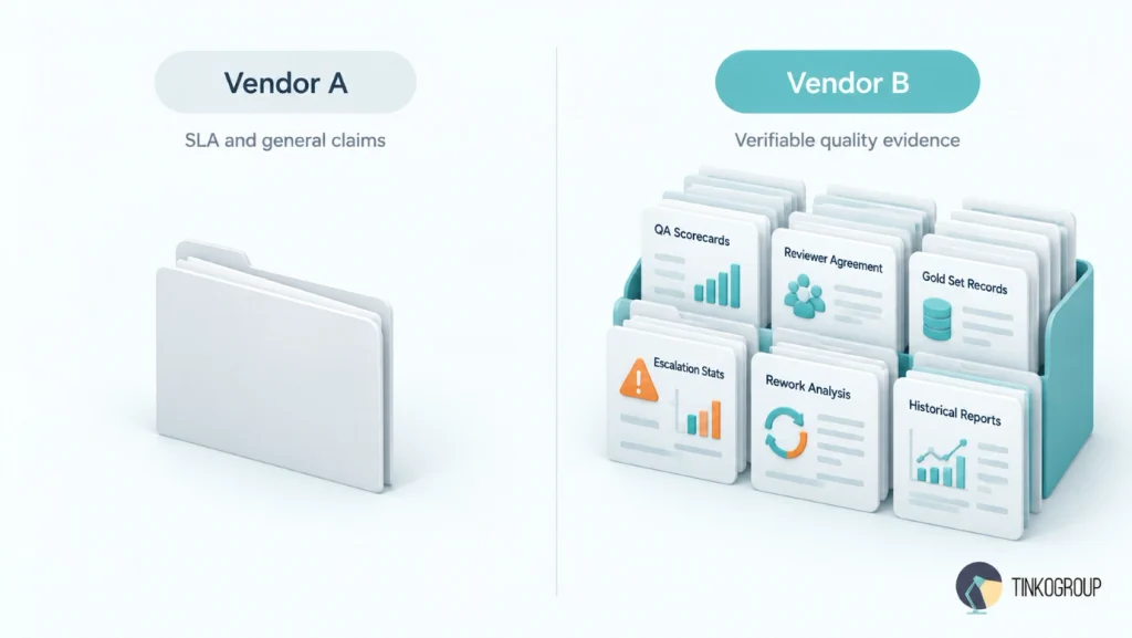 Comparison of two annotation vendors: Vendor A offers general SLA and quality claims, while Vendor B provides verifiable QA scorecards, reviewer agreement records, gold set results, escalation statistics, rework analysis, and historical reports.