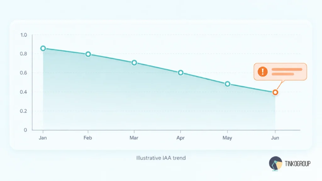 Illustrative inter-annotator agreement trend declining from 0.85 in January to 0.40 in June, highlighting the importance of monitoring annotation consistency over time.