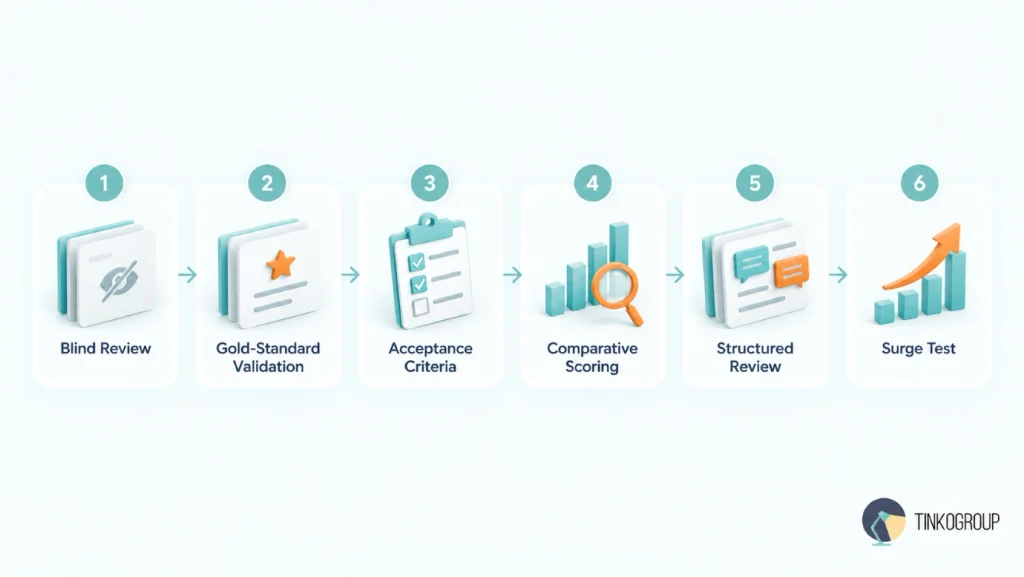 Six-step annotation quality validation pilot: blind review, gold-standard validation, acceptance criteria, comparative scoring, structured review, and surge testing.